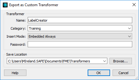 Export as Custom Transformer dialog